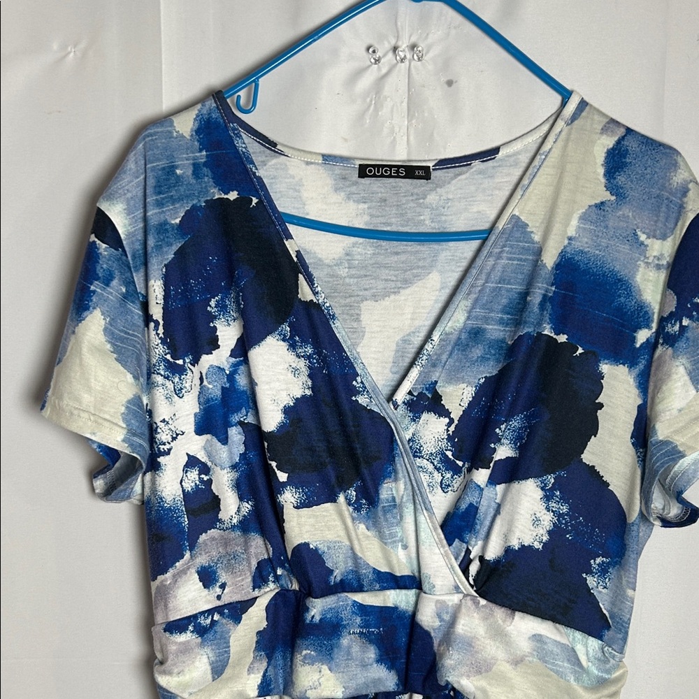 OUGES Blue Abstract V-Neck Short Sleeve Dress